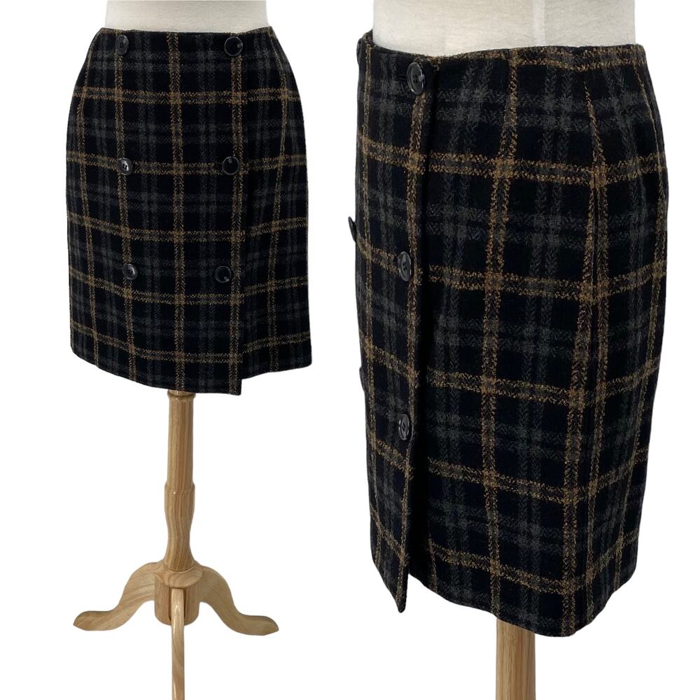 White + Warren Plaid Mini Skirt Wool Double Front Button Black Gray Tan Womens M